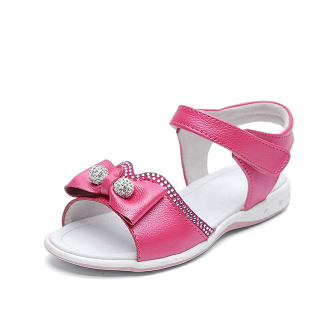 Real leather fuchsia flat fashion 2018 summer with diamante and bow kids sandals