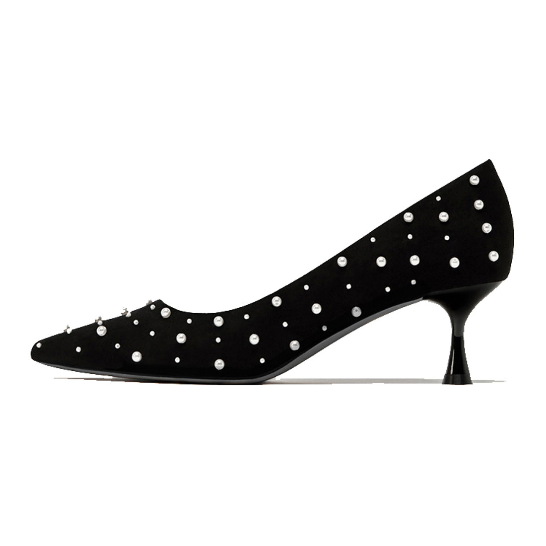 Black suede upper with pearl decorate ladies dress heel shoes supplier YH1192