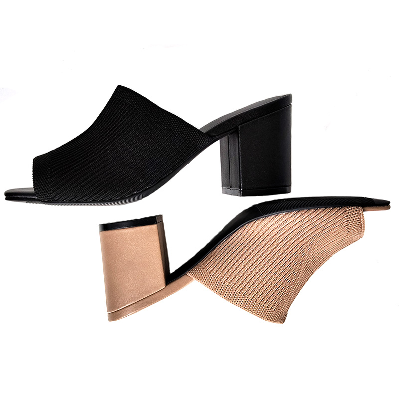 RTS sexy fly knit block heels mule square peep toe slide hilary women sandals