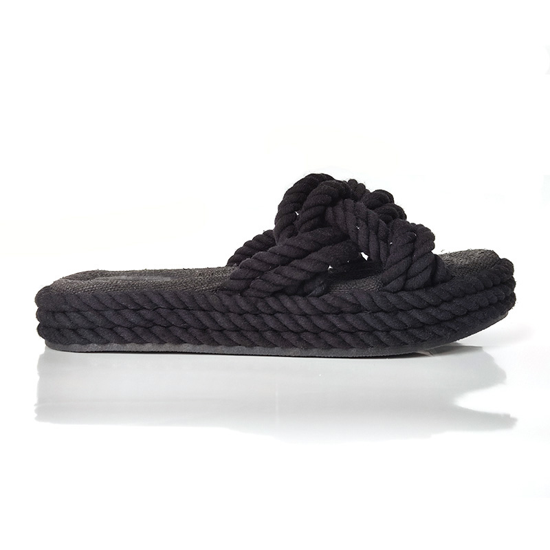 Casual comfortable antislip black rope platform slide outwear thick sold slipper