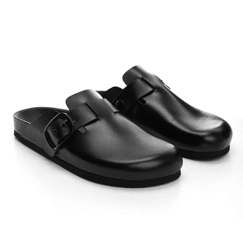 Casual close toe black leather adjustable buckle clogs thick sold women shoes
