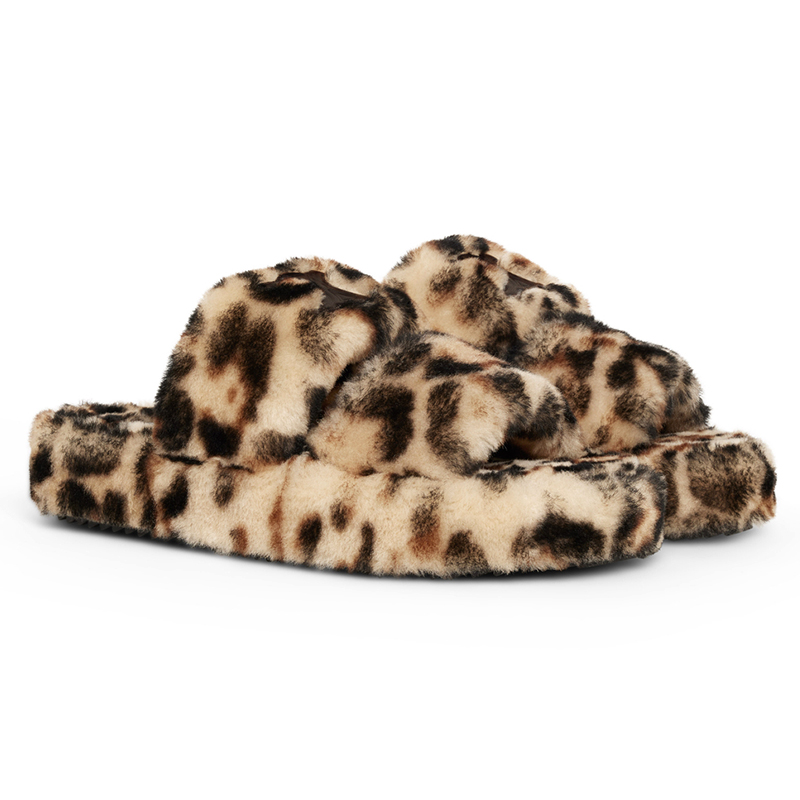 Winter indoor leopard print fur open toe thick sold women slipper shoes